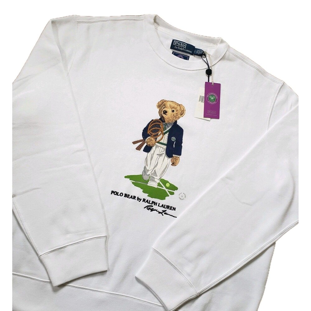 NWT Polo Ralph Lauren Wimbledon Bear Sz Large Mens White Logo Sweatshirt Tennis